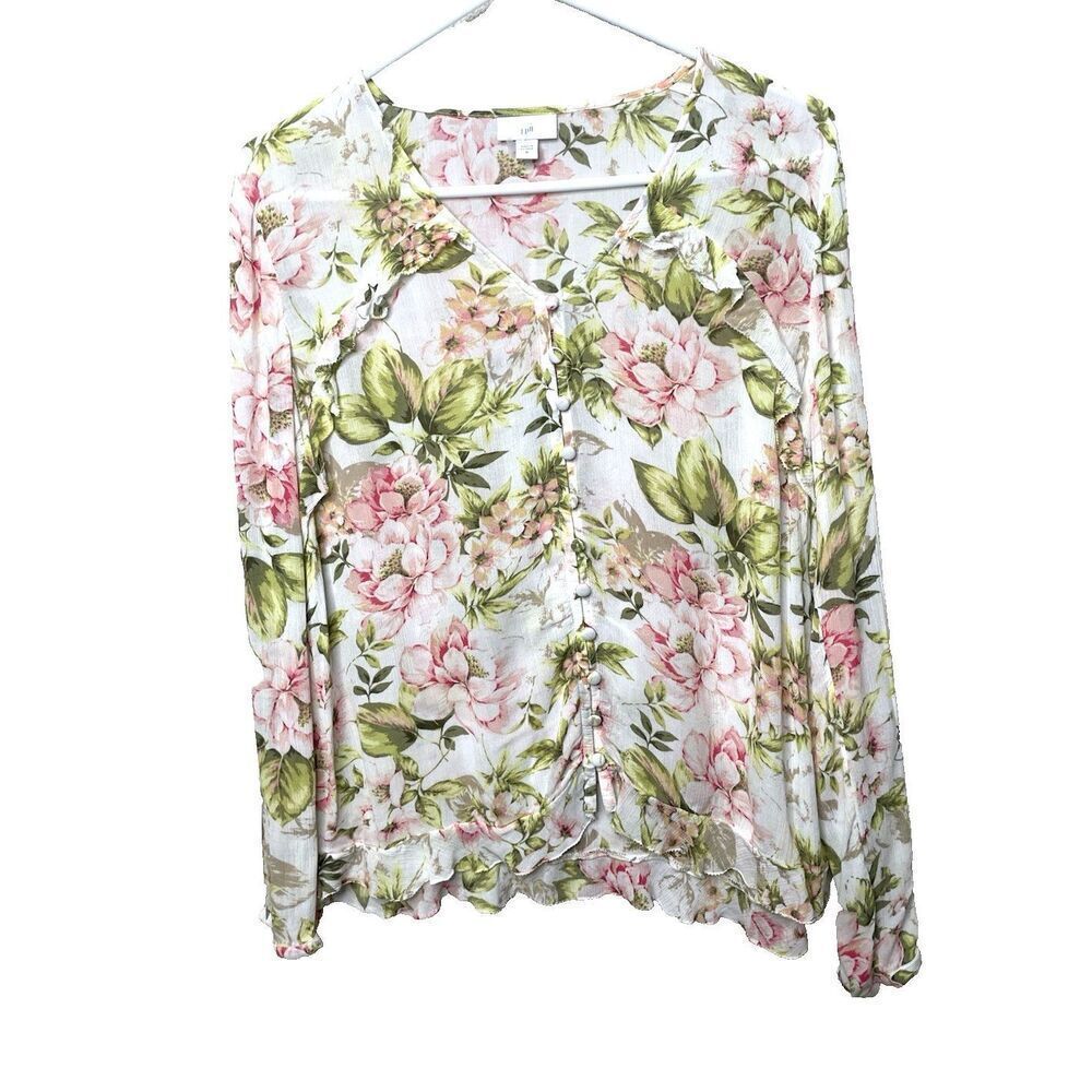 J Jill Size M Romantic Pink Green Floral Blouse Top Buttons Ruffles Peplum Rayon